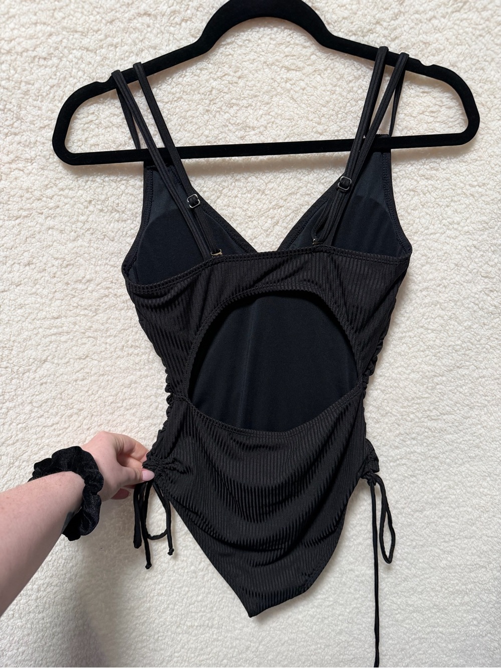 Women’s Black Ribbed One-Piece Swimsuit with Adjustable Side Ties Size Small NEW - Picture 6 of 10